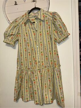 Floral Stripe Cotton Dress - Green & Orange